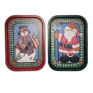 2 Vtg Mindy Cain Metal Snowman Santa Tray Christmas Winter Americana  Flag 15"
